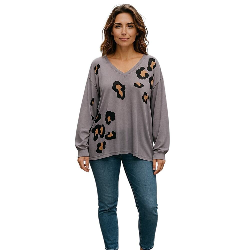 LUUKSE Grey Leopard Animal Print‎ V Neck Long Sleeve Casual Top Size 1X
